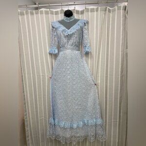 Vintage 70’s / 80’s Blue Lace High Collar Dress‎ Vintage  Size 9/10 Union Label